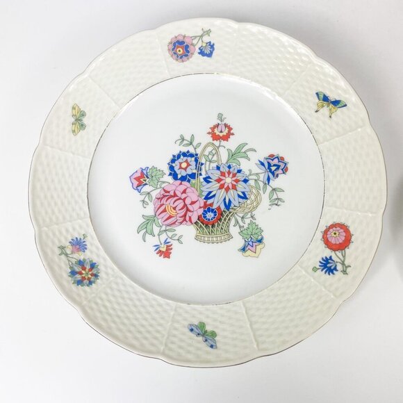 Tk Thun Czechoslovakia Floral & Butterfly Plates W/ Basket Weave Border Set Of 6 - Picture 2 of 11